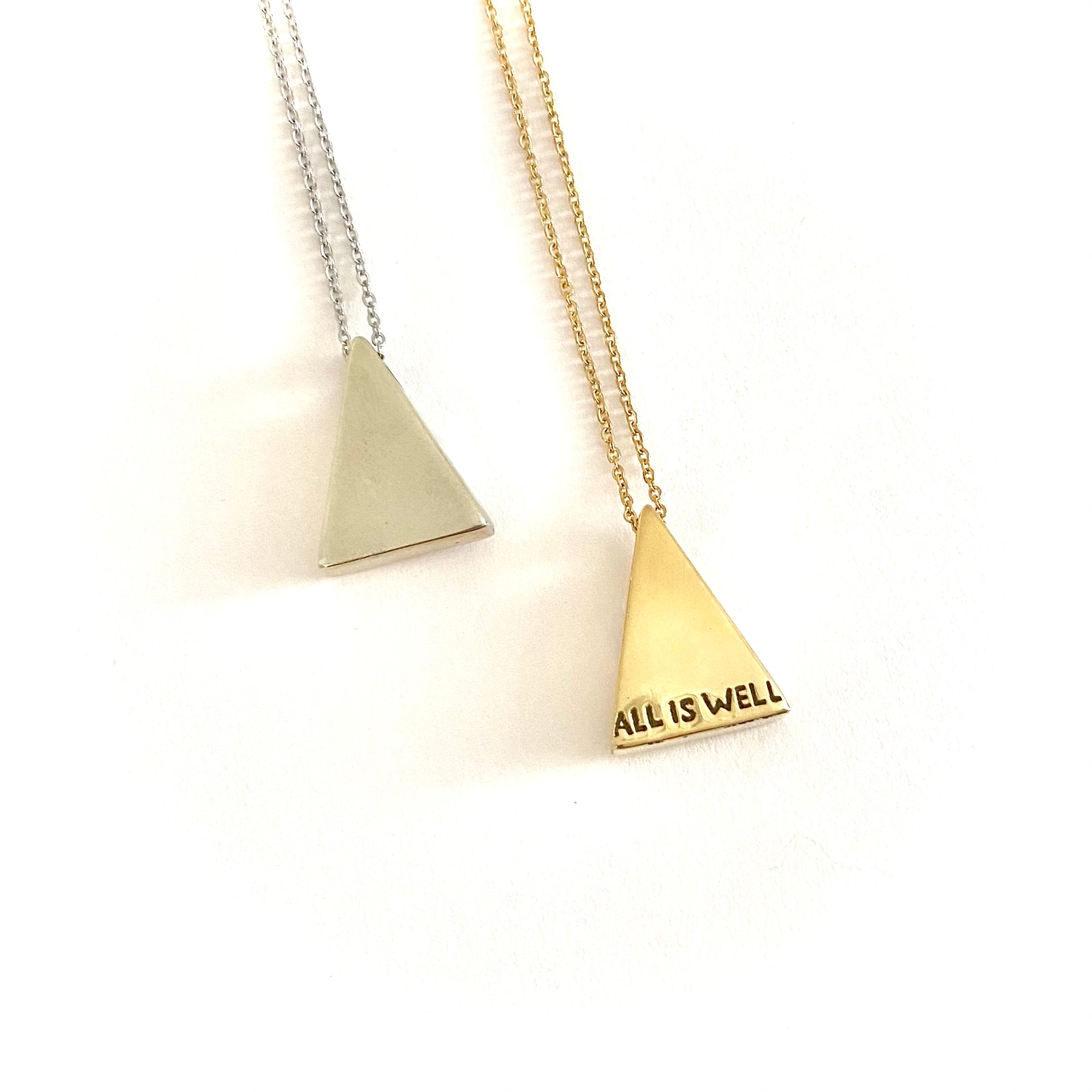 ALL IS WELL hand printed triangle pendant in silver or gold