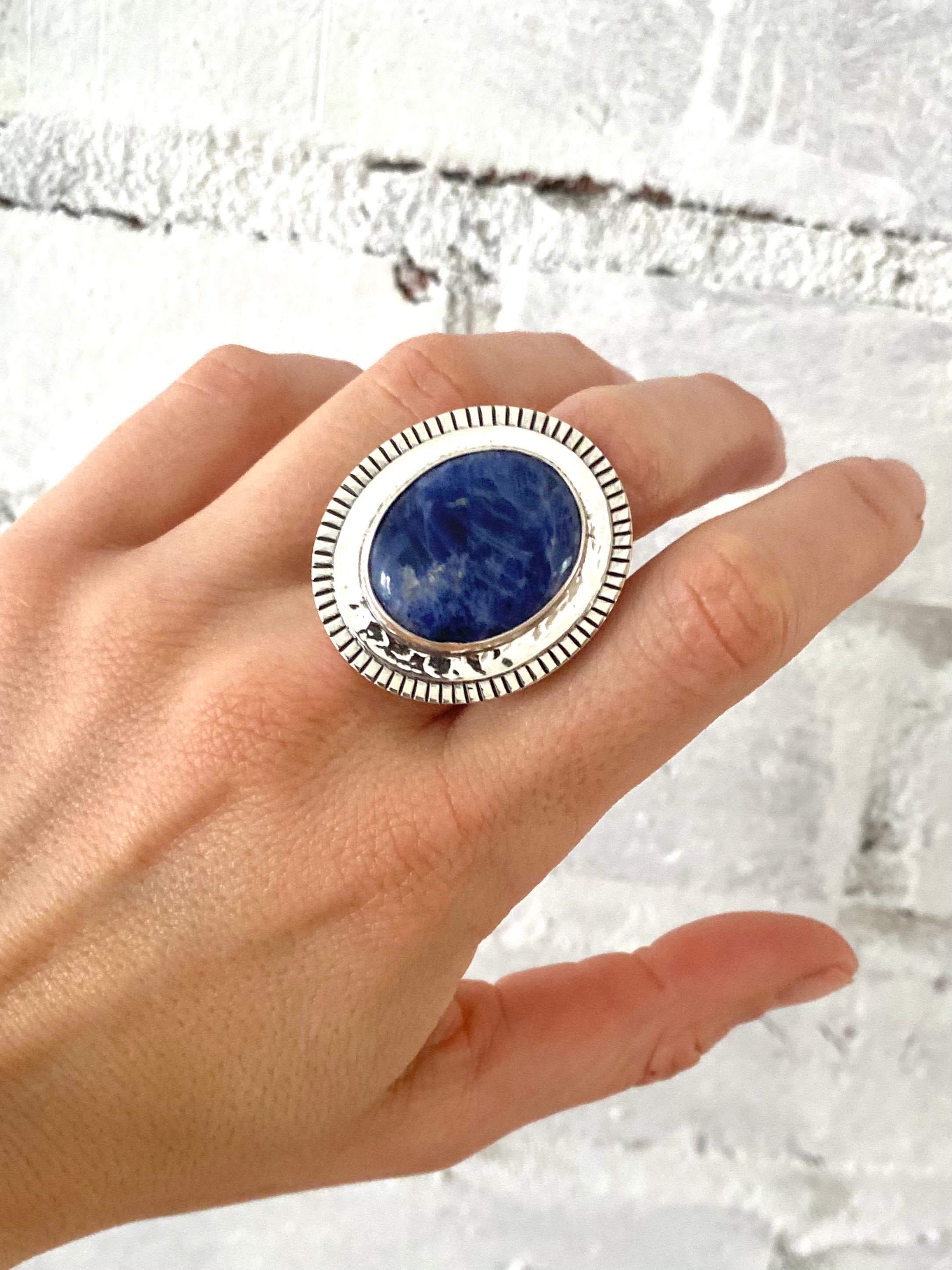 Large Lapis Lazuli Ring and Hammered Sterling Silver Ring