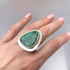 Large Triangle Chrysocolla Half Stamped Ring