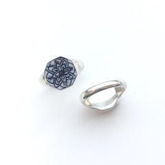 Flower Etched Piano Key and Sterling Silver Rings